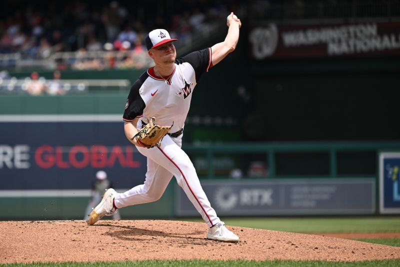 Jul 7, 2024; Washington, District of Columbia, USA; Washington Nationals starting pitcher DJ Herz (74) throws a pitch against the St. Louis Cardinals during the second inning at Nationals Park. Mandatory Credit: Rafael Suanes-USA TODAY Sports