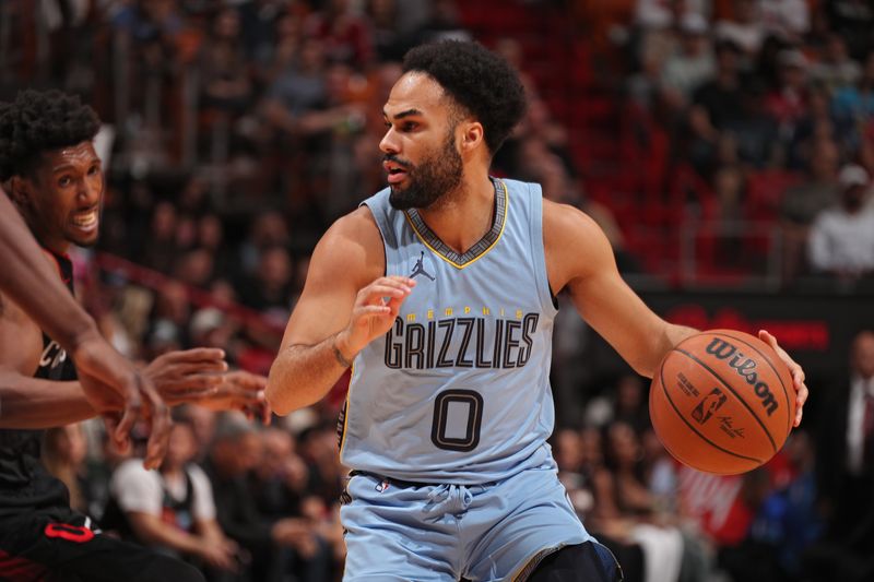 MIAMI, FL - JANUARY 24:  Jacob Gilyard #0 of the Memphis Grizzlies handles the ball during the game against the Miami Heat on January 24, 2024 at Kaseya Center in Miami, Florida. NOTE TO USER: User expressly acknowledges and agrees that, by downloading and or using this Photograph, user is consenting to the terms and conditions of the Getty Images License Agreement. Mandatory Copyright Notice: Copyright 2024 NBAE (Photo by Issac Baldizon/NBAE via Getty Images)