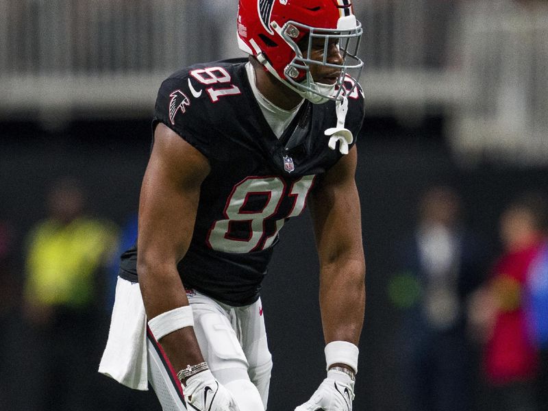 Atlanta Falcons tight end Jonnu Smith (81) lines up during the first half of an NFL football game against the New Orleans Saints, Sunday, Nov. 26, 2023, in Atlanta. The Atlanta Falcons won 24-15. (AP Photo/Danny Karnik)