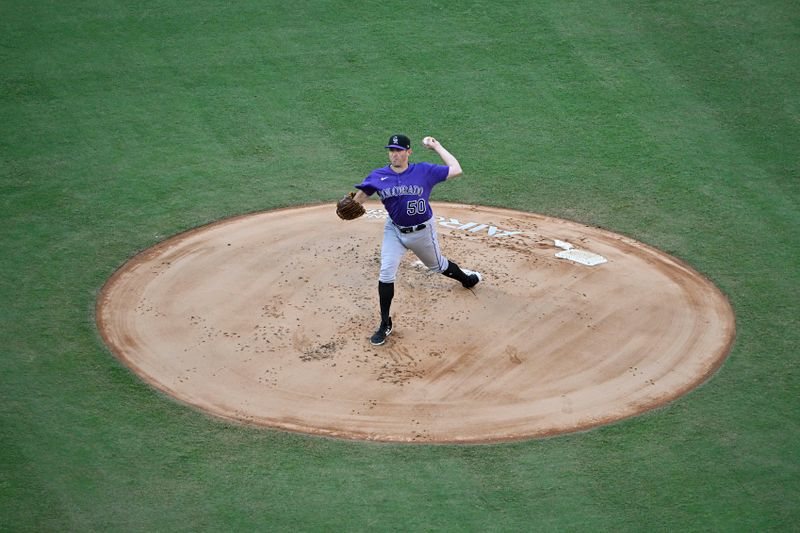 Aug 5, 2023; St. Louis, Missouri, USA;  Colorado Rockies starting pitcher Ty Blach (50) pitches against the St. Louis Cardinals during the first inning at Busch Stadium. Mandatory Credit: Jeff Curry-USA TODAY Sports