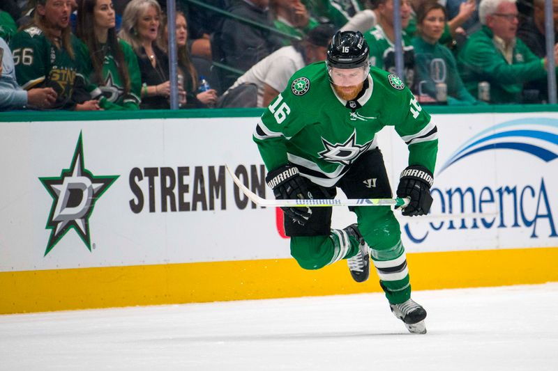 Oct 26, 2023; Dallas, Texas, USA; Dallas Stars center Joe Pavelski (16) skates against the Toronto Maple Leafs during the third period at the American Airlines Center. Mandatory Credit: Jerome Miron-USA TODAY Sports