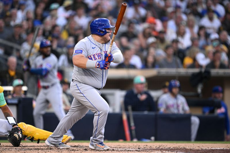 Jul 7, 2023; San Diego, California, USA; New York Mets designated hitter Daniel Vogelbach (32) hits a single against the San Diego Padres during the third inning at Petco Park. Mandatory Credit: Orlando Ramirez-USA TODAY Sports