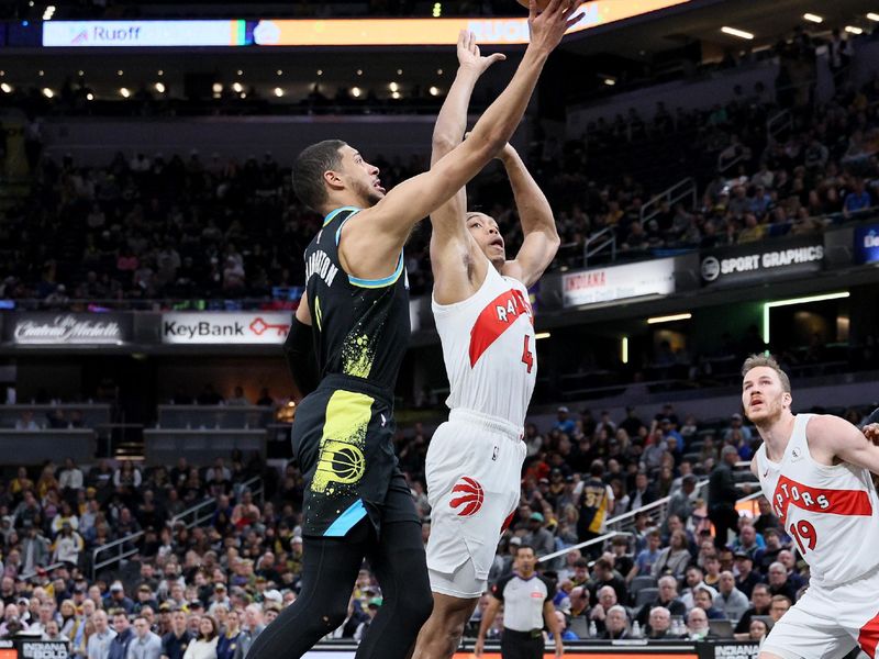 INDIANAPOLIS, INDIANA - FEBRUARY 26:   Tyrese Haliburton #0 of the Indiana Pacers shoots the ball while against the Toronto Raptors at Gainbridge Fieldhouse on February 26, 2024 in Indianapolis, Indiana.    NOTE TO USER: User expressly acknowledges and agrees that, by downloading and or using this photograph, User is consenting to the terms and conditions of the Getty Images License Agreement.  (Photo by Andy Lyons/Getty Images)