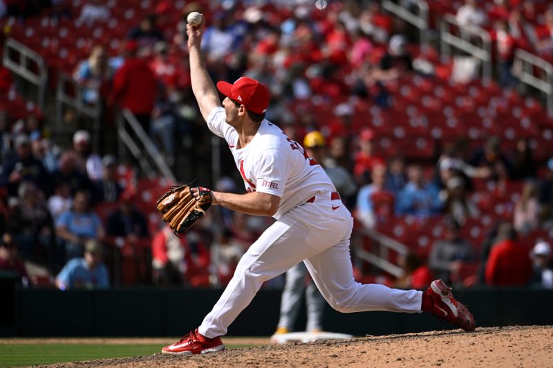 Apr 20, 2024; St. Louis, Missouri, USA; St. Louis Cardinals relief pitcher Andre Pallante (53) throws against the Milwaukee Brewers in the ninth inning at Busch Stadium. Mandatory Credit: Joe Puetz-USA TODAY Sports