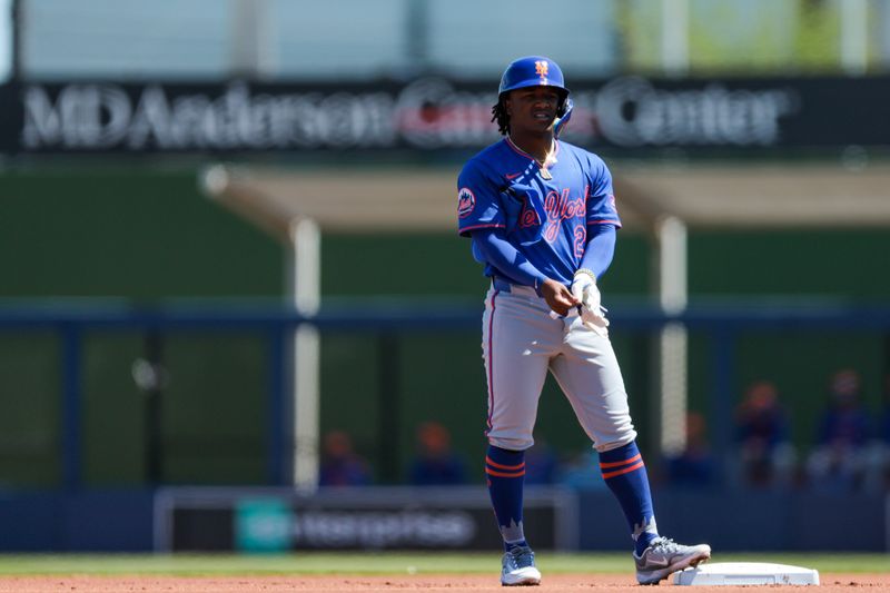 Mar 11, 2025; West Palm Beach, Florida, USA; New York Mets shortstop Luisangel Acuna (2) looks on from second base after hitting a double against the Houston Astros during the first inning at CACTI Park of the Palm Beaches. Mandatory Credit: Sam Navarro-Imagn Images