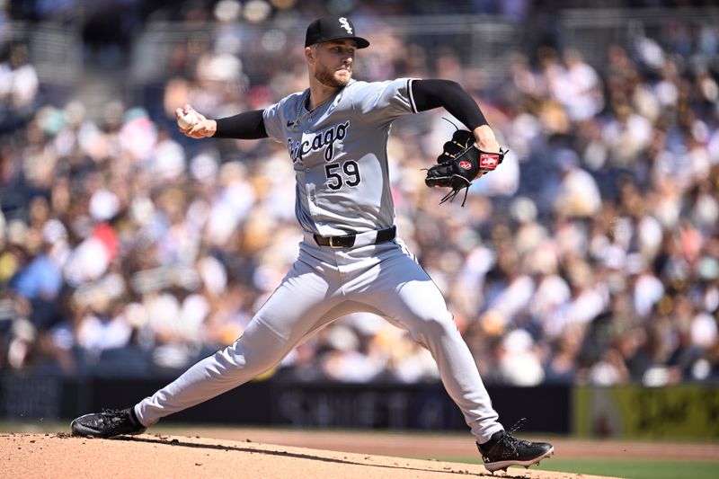 Sep 22, 2024; San Diego, California, USA; Chicago White Sox starting pitcher Sean Burke (59) pitches against the San Diego Padres during the first inning at Petco Park. Mandatory Credit: Orlando Ramirez-Imagn Images