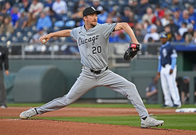 Apr 5, 2024; Kansas City, Missouri, USA; Chicago White Sox starting pitcher Erick Fedde (20) delivers a pitch in the first inning against the Kansas City Royals at Kauffman Stadium. Mandatory Credit: Peter Aiken-USA TODAY Sports