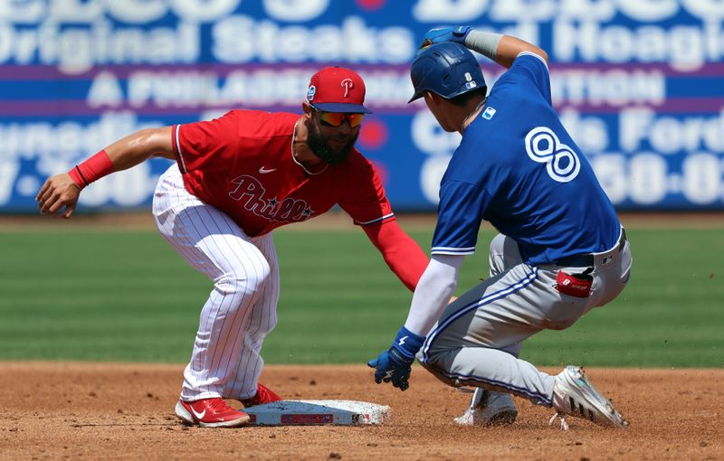 Mar 12, 2023; Clearwater, Florida, USA; Philadelphia Phillies infielder Weston Wilson (77) tags out Toronto Blue Jays infielder Cavan Biggio (8) as he attempted to steal second base during the third inning at BayCare Ballpark. Mandatory Credit: Kim Klement-USA TODAY Sports