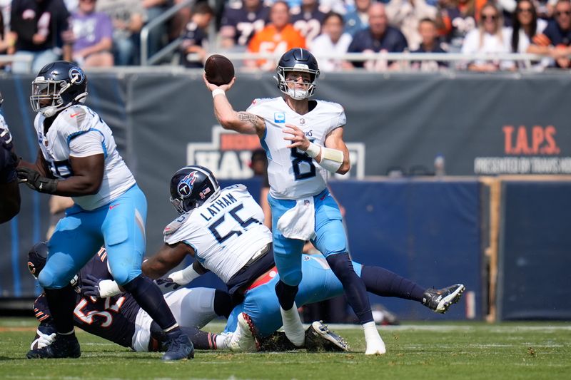 Tennessee Titans quarterback Will Levis passes during the first half of an NFL football game against the Chicago Bears on Sunday, Sept. 8, 2024, in Chicago. (AP Photo/Erin Hooley)