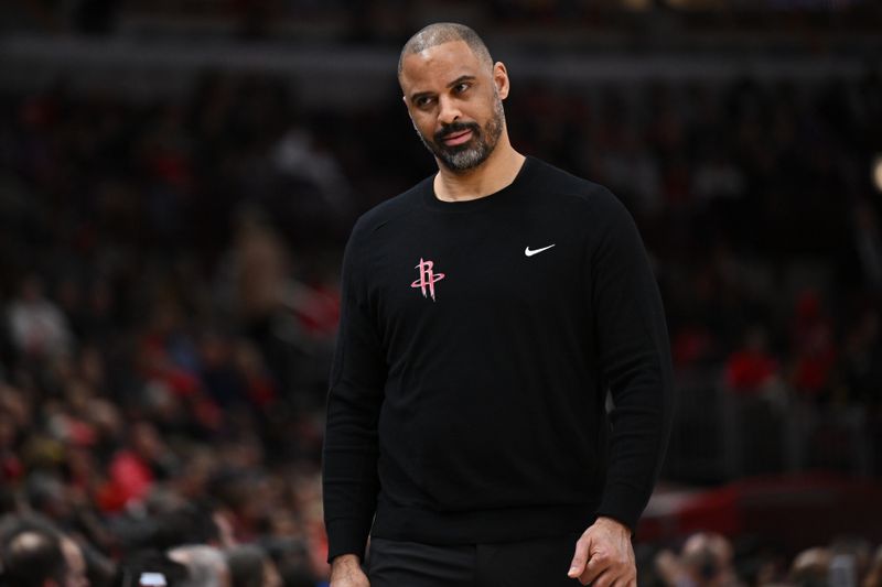 CHICAGO, ILLINOIS - JANUARY 10:  Head Coach Ime Udoka of the Houston Rockets watches his team play in the first half against the Chicago Bulls on January 10, 2024 at United Center in Chicago, Illinois.   NOTE TO USER: User expressly acknowledges and agrees that, by downloading and or using this photograph, User is consenting to the terms and conditions of the Getty Images License Agreement.  (Photo by Jamie Sabau/Getty Images)