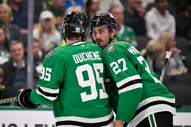 Oct 15, 2024; Dallas, Texas, USA; Dallas Stars left wing Mason Marchment (27) talks with center Matt Duchene (95) during the second period against the San Jose Sharks at the American Airlines Center. Mandatory Credit: Jerome Miron-Imagn Images