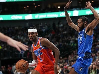 DALLAS, TX - DECEMBER 2: Shai Gilgeous-Alexander #2 of the Oklahoma City Thunder goes to the basket during the game  on December 2, 2023 at the American Airlines Center in Dallas, Texas. NOTE TO USER: User expressly acknowledges and agrees that, by downloading and or using this photograph, User is consenting to the terms and conditions of the Getty Images License Agreement. Mandatory Copyright Notice: Copyright 2023 NBAE (Photo by Glenn James/NBAE via Getty Images)