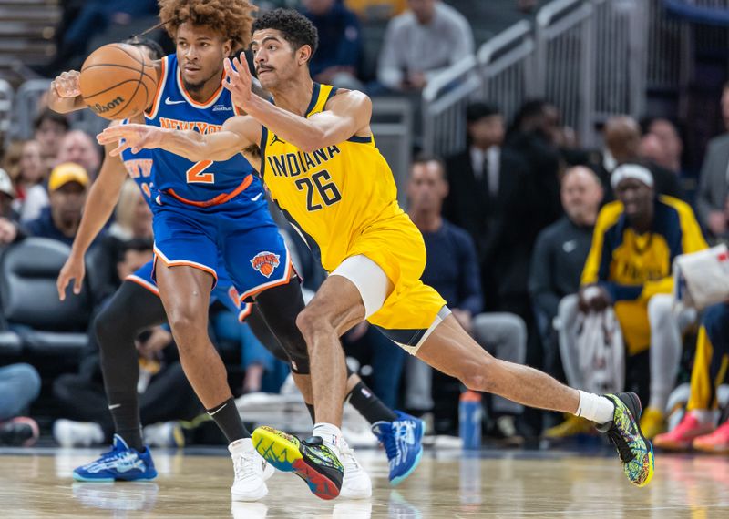 INDIANAPOLIS, INDIANA - NOVEMBER 10: Ben Sheppard #26 of the Indiana Pacers dribbles during the game against the New York Knicks at Gainbridge Fieldhouse on November 10, 2024 in Indianapolis, Indiana. NOTE TO USER: User expressly acknowledges and agrees that, by downloading and or using this photograph, User is consenting to the terms and conditions of the Getty Images License Agreement. (Photo by Michael Hickey/Getty Images)