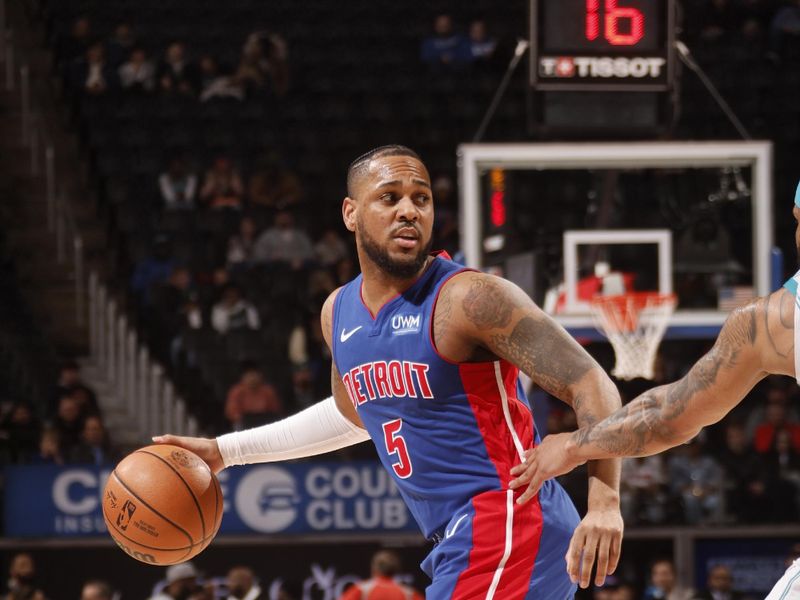 DETROIT, MI - JANUARY 24: Monte Morris #5 of the Detroit Pistons dribbles the ball during the game against the Charlotte Hornets on January 24, 2024 at Little Caesars Arena in Detroit, Michigan. NOTE TO USER: User expressly acknowledges and agrees that, by downloading and/or using this photograph, User is consenting to the terms and conditions of the Getty Images License Agreement. Mandatory Copyright Notice: Copyright 2024 NBAE (Photo by Brian Sevald/NBAE via Getty Images)