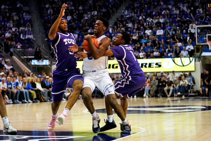 Jan 14, 2026; Provo, Utah, USA; BYU Cougars forward AJ Dybantsa (3) drives to the basket against the TCU Horned Frogs during the first half  at Marriott Center. Mandatory Credit: Aaron Baker-Imagn Images
