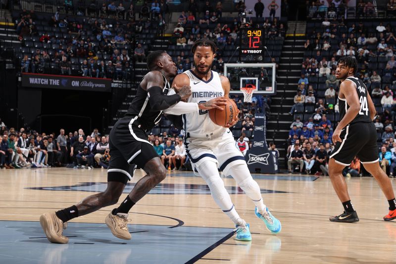 MEMPHIS, TN - February 26:  Dennis Schroder #17 of the Brooklyn Nets plays defense against Derrick Rose #23 of the Memphis Grizzlies on February 26, 2024 at FedExForum in Memphis, Tennessee. NOTE TO USER: User expressly acknowledges and agrees that, by downloading and or using this photograph, User is consenting to the terms and conditions of the Getty Images License Agreement. Mandatory Copyright Notice: Copyright 2024 NBAE (Photo by Joe Murphy/NBAE via Getty Images)