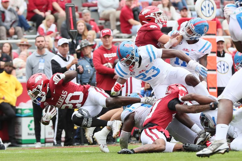 Nov 2, 2024; Fayetteville, Arkansas, USA; Arkansas Razorbacks running back Rodney Hill (20) rushes in the third quarter as Ole Miss Rebels linebacker Khari Coleman (23) defends at Donald W. Reynolds Razorback Stadium. Mississippi won 63-31. Mandatory Credit: Nelson Chenault-Imagn Images