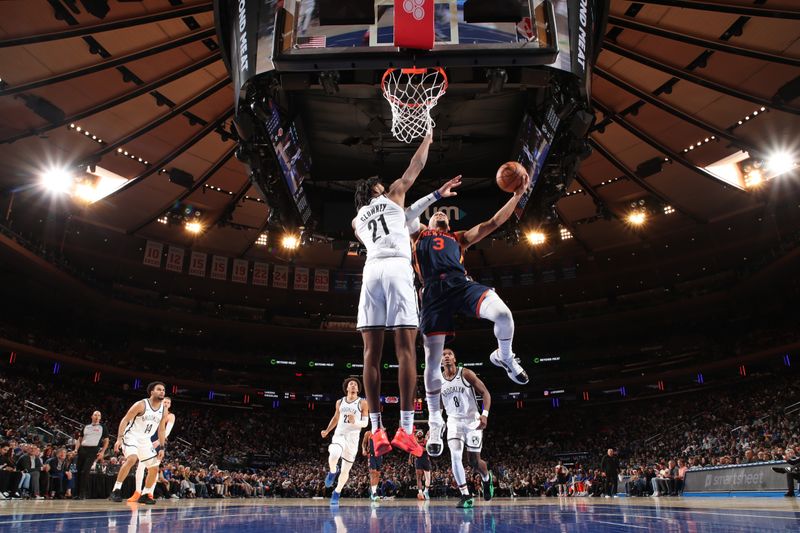 NEW YORK, NY - APRIL 12: Josh Hart #3 of the New York Knicks drives to the basket during the game against the Brooklyn Nets on April 12, 2024 at Madison Square Garden in New York City, New York.  NOTE TO USER: User expressly acknowledges and agrees that, by downloading and or using this photograph, User is consenting to the terms and conditions of the Getty Images License Agreement. Mandatory Copyright Notice: Copyright 2024 NBAE  (Photo by Nathaniel S. Butler/NBAE via Getty Images)