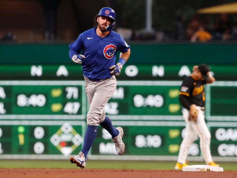 Aug 27, 2024; Pittsburgh, Pennsylvania, USA;  Chicago Cubs shortstop Dansby Swanson (7) circles the bases on  a two run home run against he Pittsburgh Pirates during the fourth inning at PNC Park. Mandatory Credit: Charles LeClaire-USA TODAY Sports