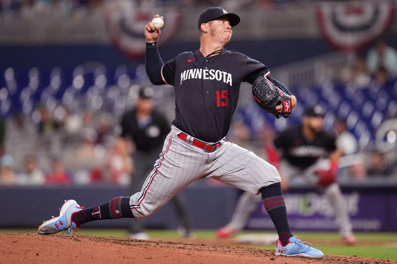 Apr 4, 2023; Miami, Florida, USA;  Minnesota Twins relief pitcher Emilio Pagan (15) pitches against the Miami Marlins in the sixth inning at loanDepot Park. Mandatory Credit: Jim Rassol-USA TODAY Sports