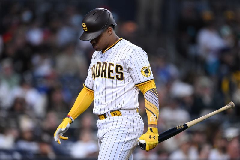 Jun 24, 2023; San Diego, California, USA; San Diego Padres left fielder Juan Soto (22) walks to the dugout after striking out against the Washington Nationals during the eighth inning at Petco Park. Mandatory Credit: Orlando Ramirez-USA TODAY Sports