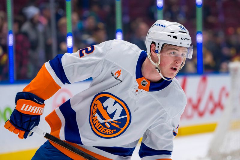 Nov 14, 2024; Vancouver, British Columbia, CAN; New York Islanders forward Kyle MacLean (32) skates during warm up prior to a game against the Vancouver Canucks at Rogers Arena. Mandatory Credit: Bob Frid-Imagn Images