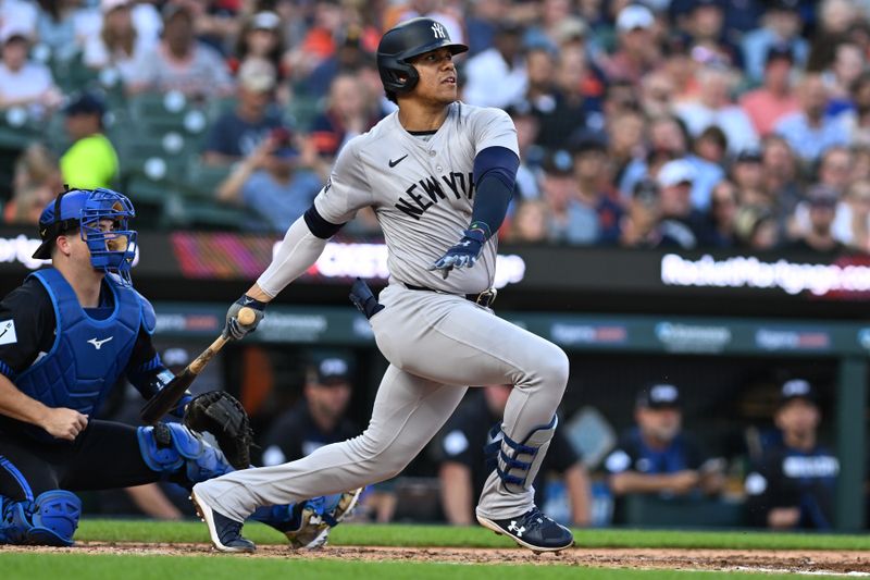 Aug 16, 2024; Detroit, Michigan, USA;  New York Yankees right fielder Juan Soto (22) grounds out to second base against the Detroit Tigers in the third inning at Comerica Park. Mandatory Credit: Lon Horwedel-USA TODAY Sports