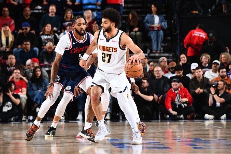 INGLEWOOD, CA - APRIL 26:  Jamal Murray #27 of the Denver Nuggets dribbles the ball during Round One, Game Four of the 2025 NBA Playoffs against the LA Clippers on April 26, 2025 at Intuit Dome in Los Angeles, California. NOTE TO USER: User expressly acknowledges and agrees that, by downloading and/or using this Photograph, user is consenting to the terms and conditions of the Getty Images License Agreement. Mandatory Copyright Notice: Copyright 2025 NBAE (Photo by Juan Ocampo/NBAE via Getty Images)