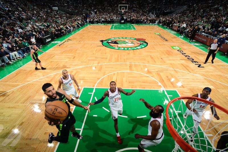 BOSTON, MA - NOVEMBER 25: Jayson Tatum #0 of the Boston Celtics drives to the basket during the game against the LA Clippers on November 25, 2024 at TD Garden in Boston, Massachusetts. NOTE TO USER: User expressly acknowledges and agrees that, by downloading and/or using this Photograph, user is consenting to the terms and conditions of the Getty Images License Agreement. Mandatory Copyright Notice: Copyright 2024 NBAE (Photo by Brian Babineau/NBAE via Getty Images)