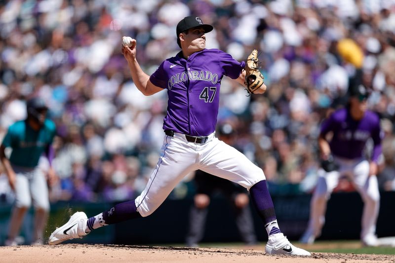 Apr 21, 2024; Denver, Colorado, USA; Colorado Rockies starting pitcher Cal Quantrill (47) pitches in the fifth inning against the Seattle Mariners at Coors Field. Mandatory Credit: Isaiah J. Downing-USA TODAY Sports