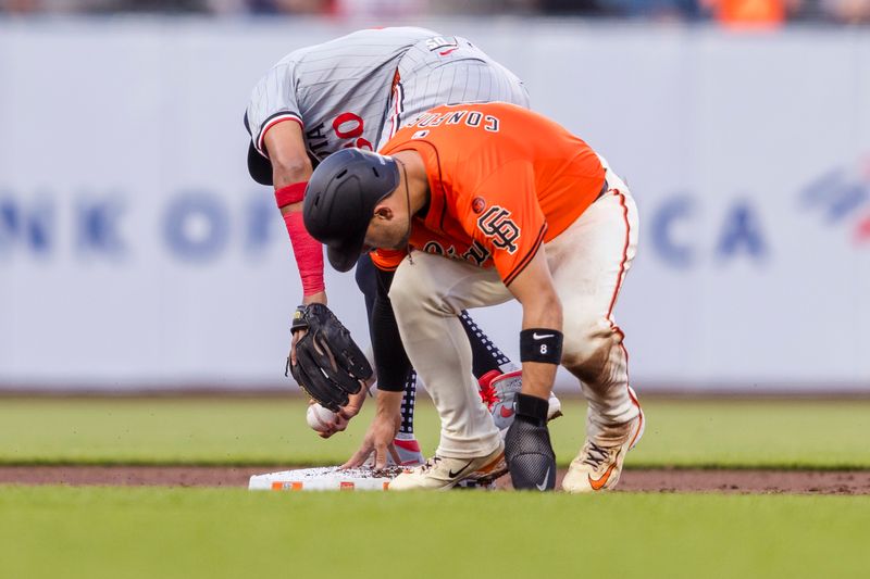 Jul 12, 2024; San Francisco, California, USA; Minnesota Twins second baseman Willi Castro (50) tags San Francisco Giants left fielder Michael Conforto (8) but bobbles the ball to miss a double play during the second inning at Oracle Park. Mandatory Credit: John Hefti-USA TODAY Sports