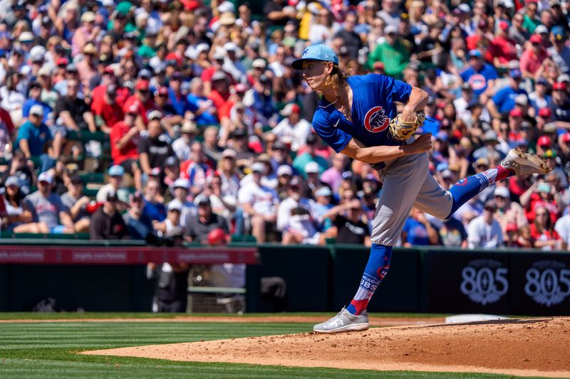 Mar 16, 2024; Tempe, Arizona, USA; Chicago Cubs starting pitcher Ben Brown (86) on the mound in the first during a spring training game against the Los Angeles Angels at Tempe Diablo Stadium. Mandatory Credit: Allan Henry-USA TODAY Sports