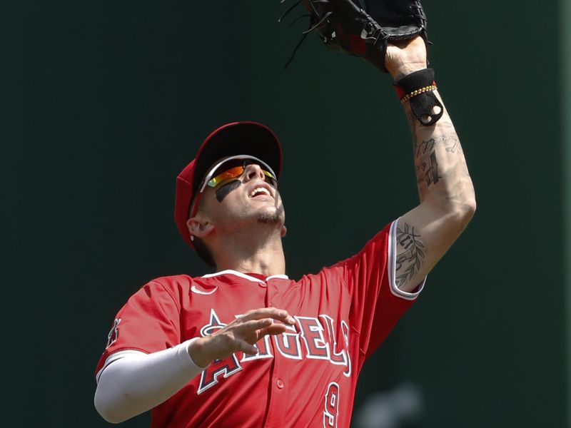 May 8, 2024; Pittsburgh, Pennsylvania, USA;  Los Angeles Angels shortstop Zach Neto (9) catches a pop up for an out against Pittsburgh Pirates right ielder Connor Joe (not pictured) during the eighth inning at PNC Park.  Mandatory Credit: Charles LeClaire-USA TODAY Sports