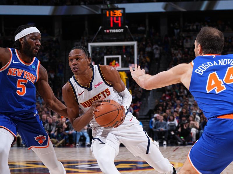 DENVER, CO - MARCH 21: Peyton Watson #8 of the Denver Nuggets handles the ball during the game against the New York Knicks on March 21, 2024 at the Ball Arena in Denver, Colorado. NOTE TO USER: User expressly acknowledges and agrees that, by downloading and/or using this Photograph, user is consenting to the terms and conditions of the Getty Images License Agreement. Mandatory Copyright Notice: Copyright 2024 NBAE (Photo by Garrett Ellwood/NBAE via Getty Images)