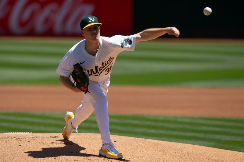 May 8, 2024; Oakland, California, USA; Oakland Athletics starting pitcher JP Sears (38) delivers a pitch against the Texas Rangers during the first inning at Oakland-Alameda County Coliseum. Mandatory Credit: D. Ross Cameron-USA TODAY Sports