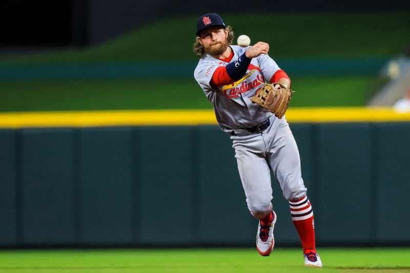 Apr 30, 2025; Cincinnati, Ohio, USA; St. Louis Cardinals second baseman Brendan Donovan (33) throws to first to get Cincinnati Reds outfielder Gavin Lux (not pictured) out in the sixth inning at Great American Ball Park. Mandatory Credit: Katie Stratman-Imagn Images