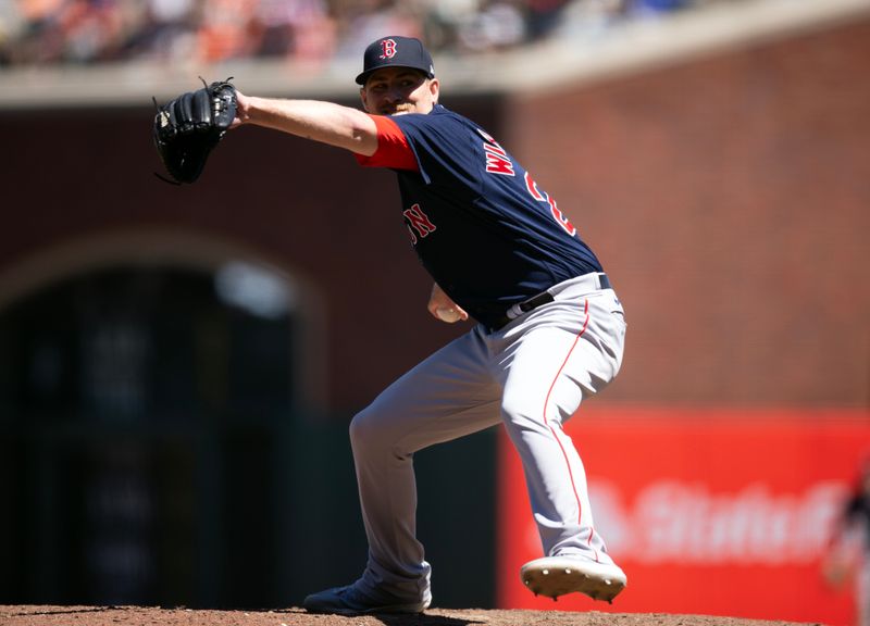 Jul 30, 2023; San Francisco, California, USA; Boston Red Sox pitcher Josh Winckowski (25) delivers a pitch against the San Francisco Giants during the seventh inning at Oracle Park. Mandatory Credit: D. Ross Cameron-USA TODAY Sports