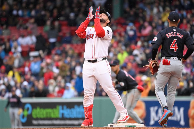 Apr 18, 2024; Boston, Massachusetts, USA; Boston Red Sox right fielder Wilyer Abreu (52) reacts to hitting a double against the Cleveland Guardians during the fifth inning at Fenway Park. Mandatory Credit: Eric Canha-USA TODAY Sports