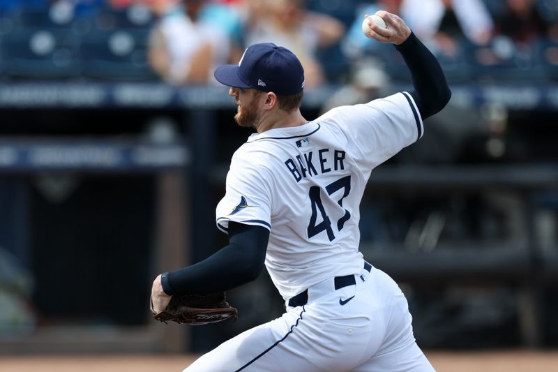 Sep 18, 2025; Tampa, Florida, USA; Tampa Bay Rays pitcher Bryan Baker (47) throws a pitch against the Toronto Blue Jays in the ninth inning at George M. Steinbrenner Field. Mandatory Credit: Nathan Ray Seebeck-Imagn Images