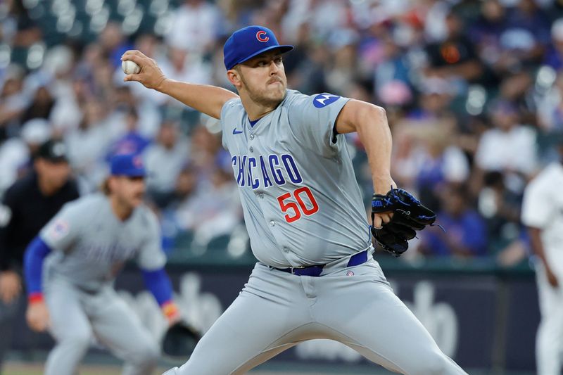 Aug 9, 2024; Chicago, Illinois, USA; Chicago Cubs starting pitcher Jameson Taillon (50) delivers a pitch against the Chicago White Sox during the first inning at Guaranteed Rate Field. Mandatory Credit: Kamil Krzaczynski-USA TODAY Sports