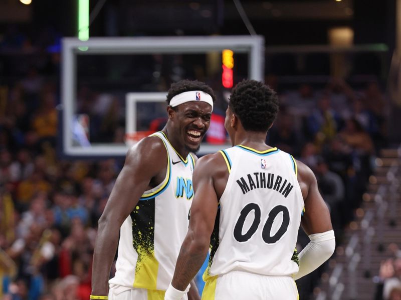 INDIANAPOLIS, IN - NOVEMBER 24: Pascal Siakam #43 of the Indiana Pacers smiles while celebrating during the game against the Washington Wizards on November 24, 2024 at Gainbridge Fieldhouse in Indianapolis, Indiana. NOTE TO USER: User expressly acknowledges and agrees that, by downloading and or using this Photograph, user is consenting to the terms and conditions of the Getty Images License Agreement. Mandatory Copyright Notice: Copyright 2024 NBAE (Photo by Pepper Robinson/NBAE via Getty Images)