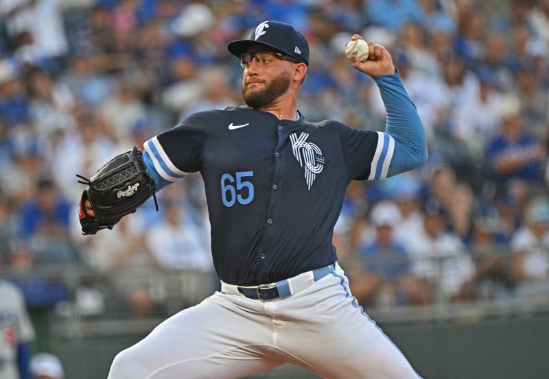 Jun 27, 2025; Kansas City, Missouri, USA; Kansas City Royals starting pitcher Noah Cameron (65) throws a pitch in the first inning against the Los Angeles Dodgers at Kauffman Stadium. Mandatory Credit: Peter Aiken-Imagn Images