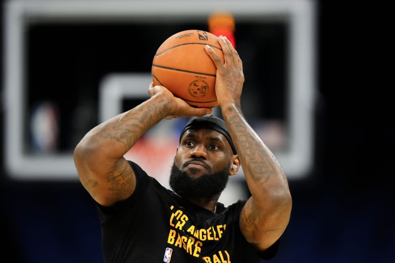 ORLANDO, FLORIDA - NOVEMBER 04: LeBron James #23 of the Los Angeles Lakers warms up prior to a game against the Orlando Magic at Amway Center on November 04, 2023 in Orlando, Florida. NOTE TO USER: User expressly acknowledges and agrees that, by downloading and or using this photograph, User is consenting to the terms and conditions of the Getty Images License Agreement. (Photo by Rich Storry/Getty Images)