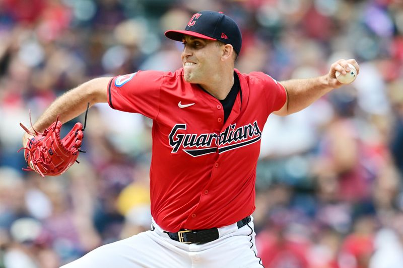 Aug 25, 2024; Cleveland, Ohio, USA; Cleveland Guardians starting pitcher Matthew Boyd (16) throws a pitch during the first inning against the Texas Rangers at Progressive Field. Mandatory Credit: Ken Blaze-USA TODAY Sports