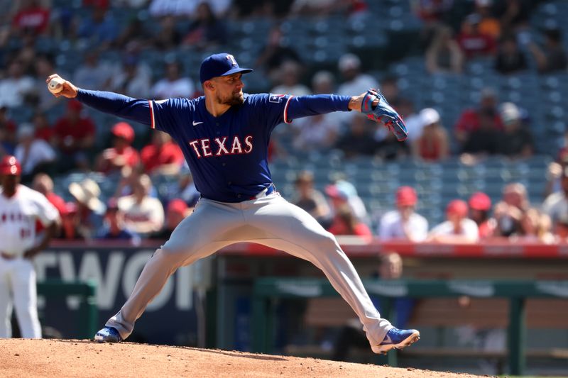 Sep 29, 2024; Anaheim, California, USA;  Texas Rangers starting pitcher Nathan Eovaldi (17) pitches during the third inning against the Los Angeles Angels at Angel Stadium. Mandatory Credit: Kiyoshi Mio-Imagn Images