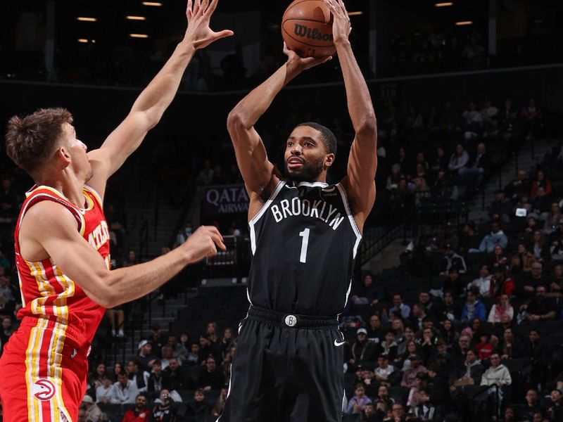 BROOKLYN, NY - MARCH 2: Mikal Bridges #1 of the Brooklyn Nets three point basket during the game against the Atlanta Hawks on March 2, 2024 at Barclays Center in Brooklyn, New York. NOTE TO USER: User expressly acknowledges and agrees that, by downloading and or using this Photograph, user is consenting to the terms and conditions of the Getty Images License Agreement. Mandatory Copyright Notice: Copyright 2024 NBAE (Photo by Nathaniel S. Butler/NBAE via Getty Images)