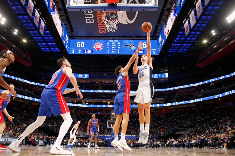 DETROIT, MI - FEBRUARY 4: Franz Wagner #22 of the Orlando Magic drives to the basket during the game against the Detroit Pistons on February 4, 2024 at Little Caesars Arena in Detroit, Michigan. NOTE TO USER: User expressly acknowledges and agrees that, by downloading and/or using this photograph, User is consenting to the terms and conditions of the Getty Images License Agreement. Mandatory Copyright Notice: Copyright 2024 NBAE (Photo by Brian Sevald/NBAE via Getty Images)