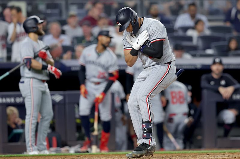 Jun 4, 2024; Bronx, New York, USA; Minnesota Twins third baseman Royce Lewis (23) reacts as he crosses home plate after hitting a solo home run against the New York Yankees during the seventh inning at Yankee Stadium. Mandatory Credit: Brad Penner-USA TODAY Sports