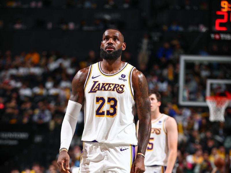 BROOKLYN, NY - MARCH 31: LeBron James #23 of the Los Angeles Lakers looks on during the game on March 31, 2024 at Barclays Center in Brooklyn, New York. NOTE TO USER: User expressly acknowledges and agrees that, by downloading and or using this Photograph, user is consenting to the terms and conditions of the Getty Images License Agreement. Mandatory Copyright Notice: Copyright 2024 NBAE (Photo by David L. Nemec/NBAE via Getty Images)