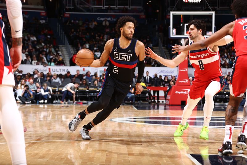 WASHINGTON, DC -? MARCH 29: Cade Cunningham #2 of the Detroit Pistons drives to the basket during the game against the Washington Wizards on March 29, 2024 at Capital One Arena in Washington, DC. NOTE TO USER: User expressly acknowledges and agrees that, by downloading and or using this Photograph, user is consenting to the terms and conditions of the Getty Images License Agreement. Mandatory Copyright Notice: Copyright 2024 NBAE (Photo by Kenny Giarla/NBAE via Getty Images)